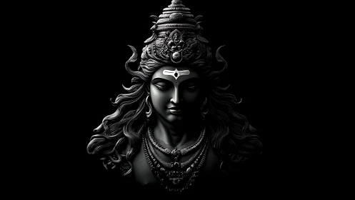 Dark monochrome sculpture of serene Hindu deity head