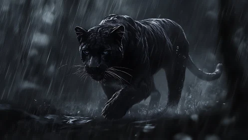 Black Panther Prowls Through Torrential Downpour with Piercing Gaze.