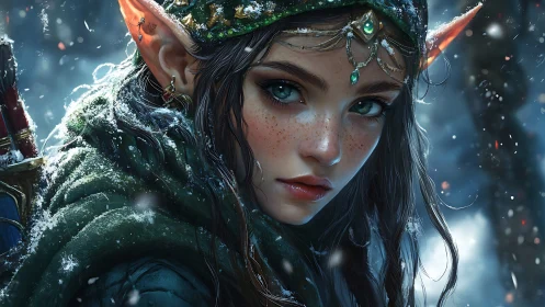 Winter-clad elven huntress with emerald gaze in snowfall.