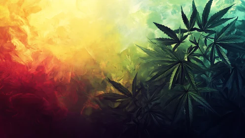 Leafy silhouettes surf glowing reggae winds of color