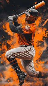 Baseball hitter in orange uniform swings bat amid splatter backdrop