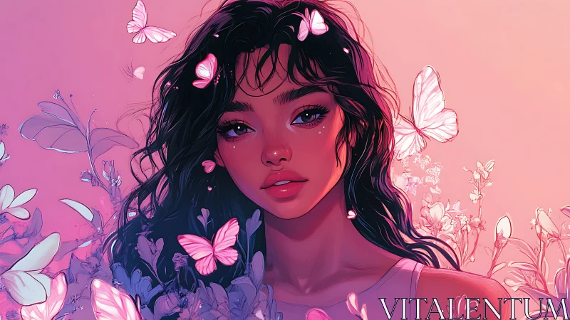 Portrait shows stylized woman amid butterflies and flora