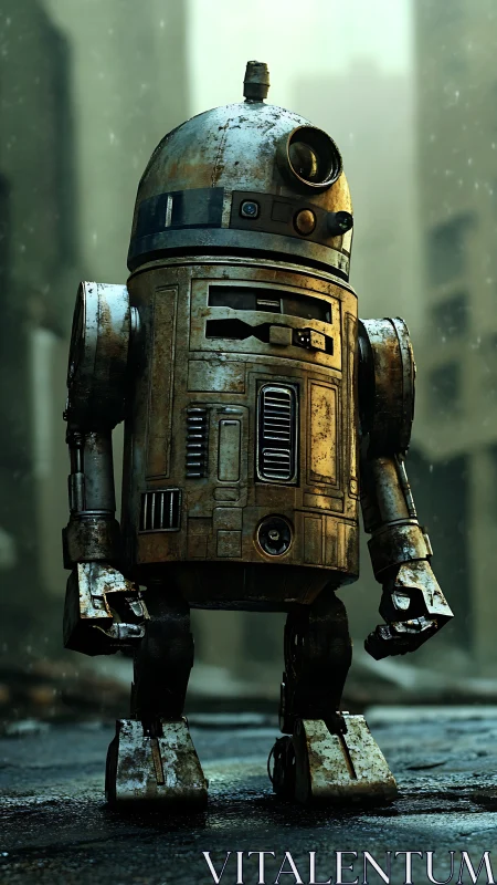 Weathered service droid standing in misty urban ruins.