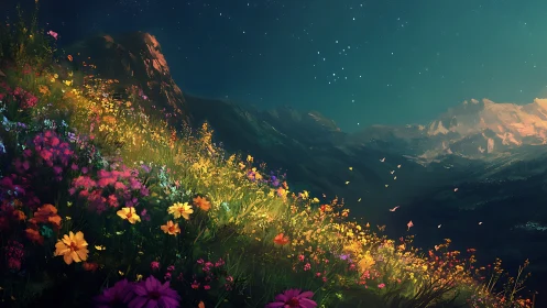 Starlit mountain meadow with vivid wildflower slope at night.
