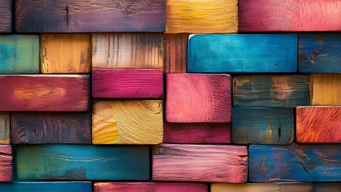 Colorful stacked wooden blocks create bold textured wall.