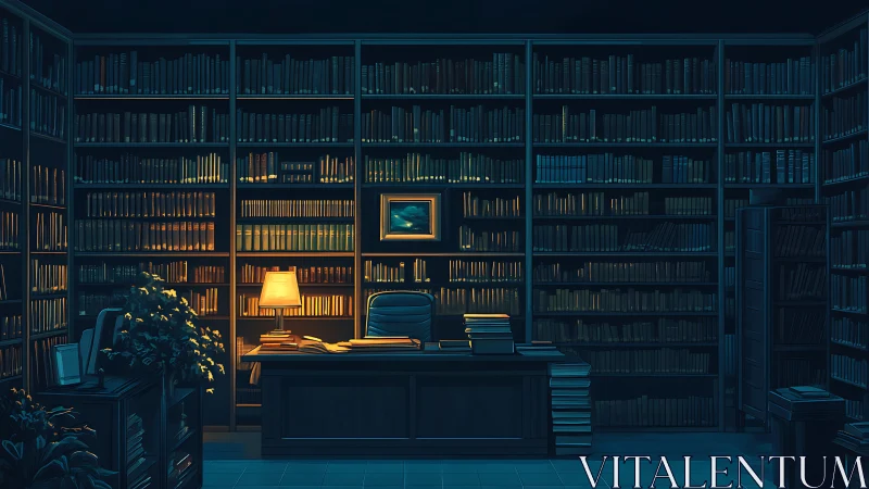 Warm lamplit reading desk contrasts with cool shadowed book stacks