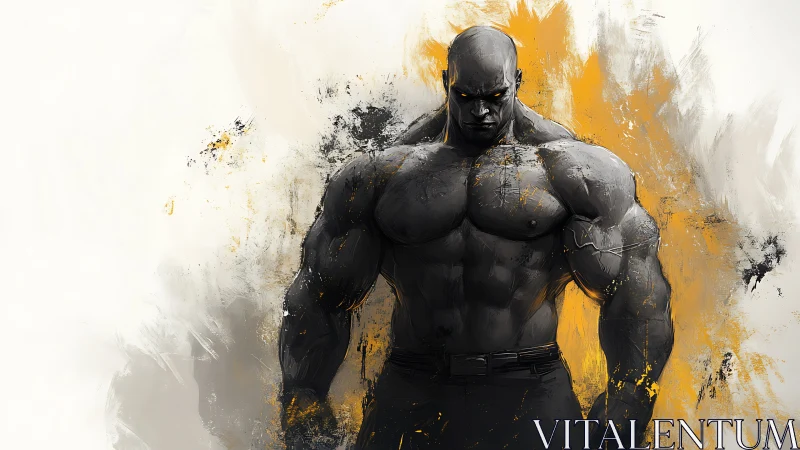 Brooding titan in charcoal armor amid molten ochre storm.