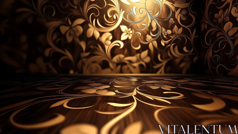 Ornate golden floral relief in immersive 3D chamber design.