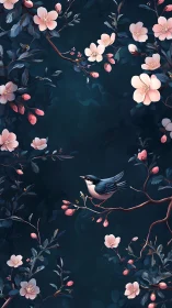 Songbird perched among pink blossoms on dark branches.