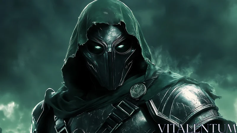 Hooded armored specter amid emerald storm-lit gloom.