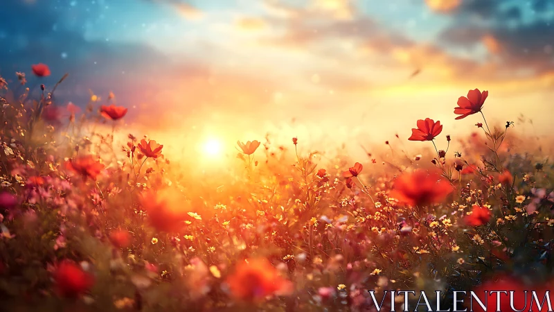 Golden Sunrise Over Blooming Poppy Field.