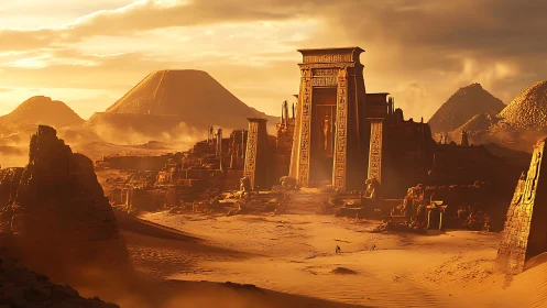 Desert environment renders monumental temple amid eroded dunes