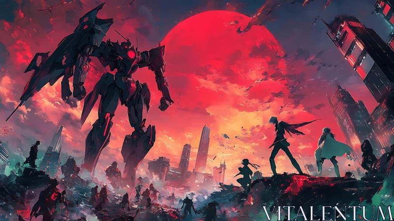 Giant mech and figures confront across ruined urban skyline