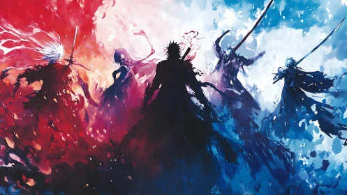 Warriors of fire and frost meet in swirling painted light.