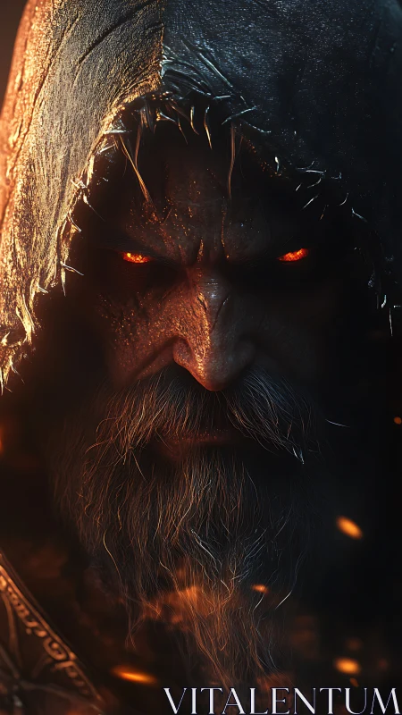 Hooded ember-eyed warlock studies mortals through rising sparks