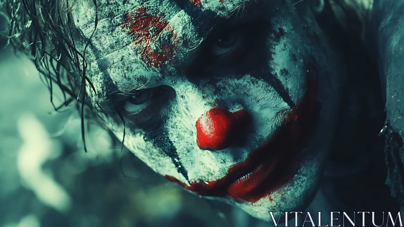 Close-up portrait shows smeared clown makeup on human face