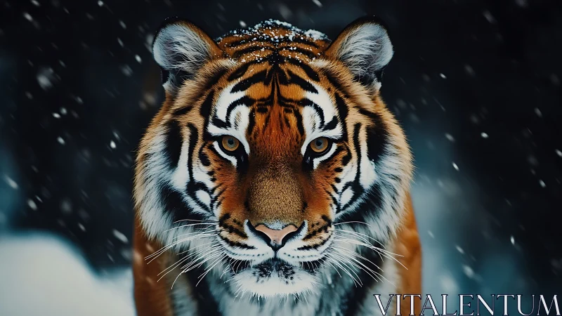 Snow-dusted tiger stares ahead with fierce winter focus