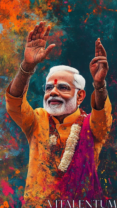 Digital portrait shows elder man raising both arms in greeting