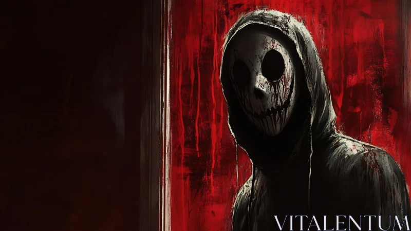 Hooded skull-mask figure framed by abstract red streaks.