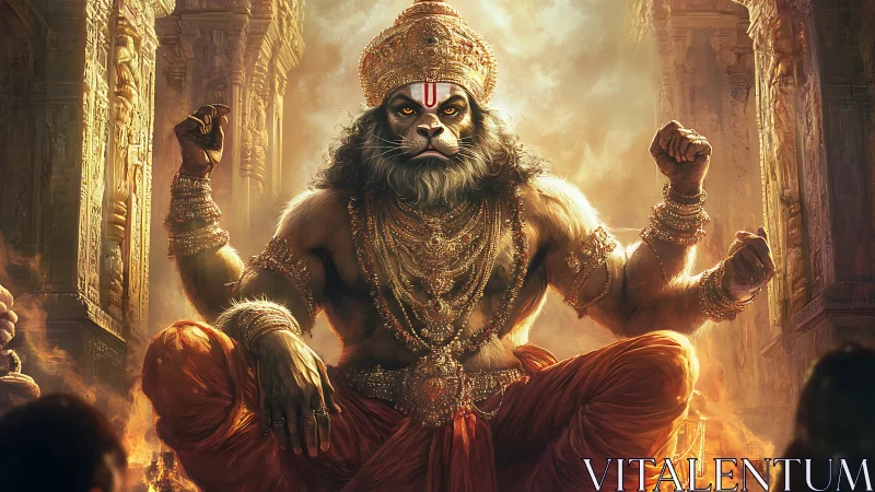 Lion-faced temple guardian thrones in molten dawn light.