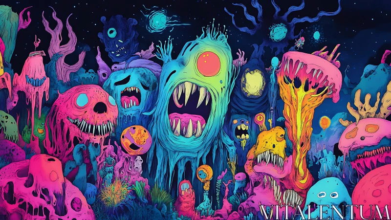 Neon slime monsters erupt across a surreal alien nightscape