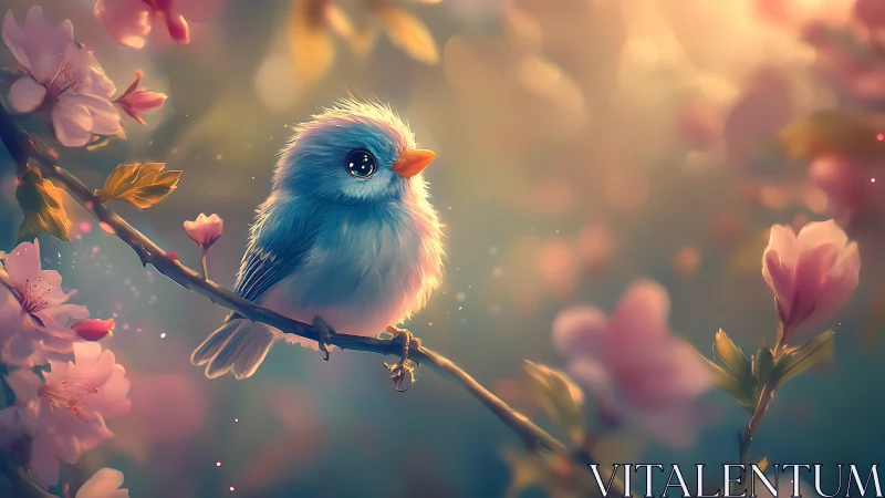 Blue Bird on Blossomed Branch with Warm Bokeh Background.