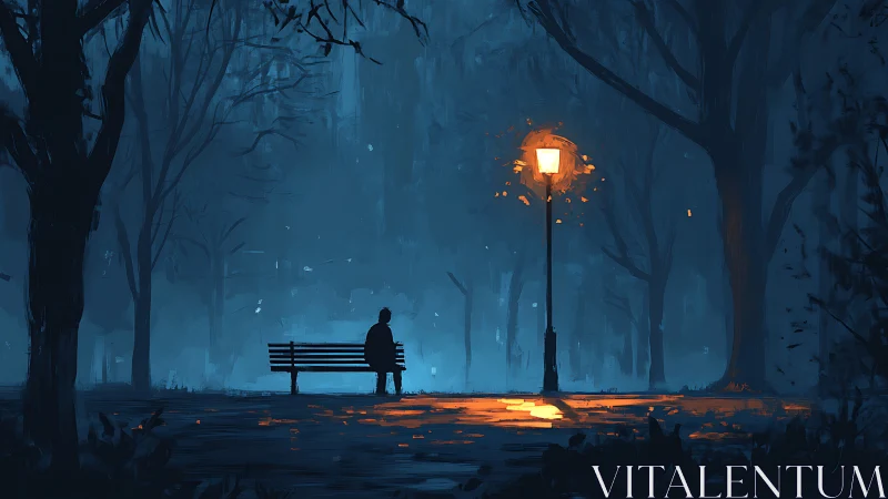 Solitary figure beneath glowing lamppost in misty park