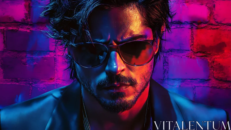 Neon-lit rebel in shades stares with intense attitude.