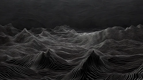 Monochrome topographic waves form abstract digital landscape.