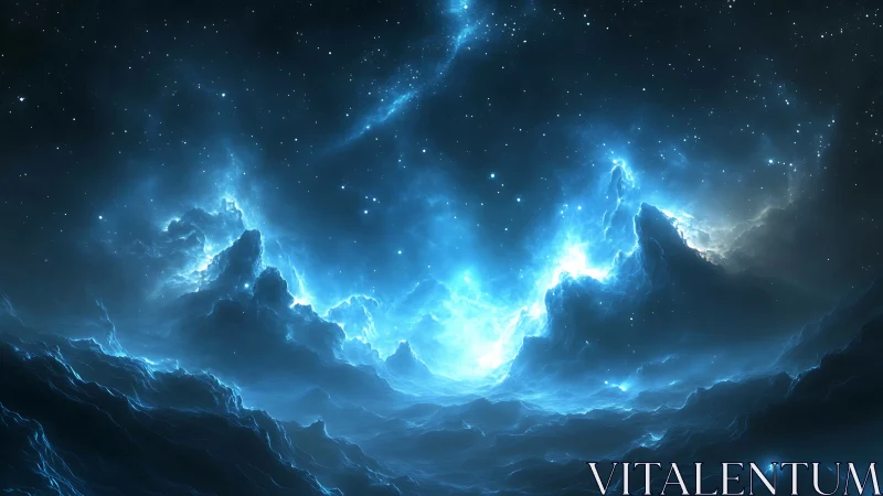 Starlit cosmic waves rise in a glowing blue nebula seascape