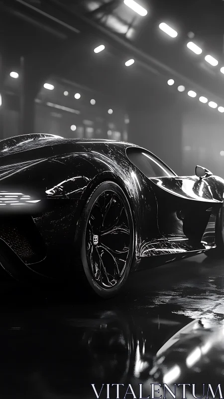 Black hypercar curves slice through neon-lit wet studio