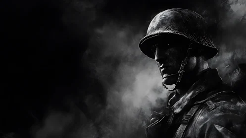 Steel shadow soldier emerging from war-torn smoke.