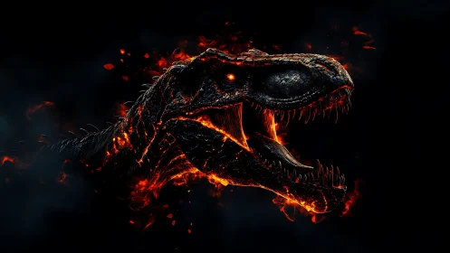 Lava‑forged dinosaur roars from ember‑streaked darkness.