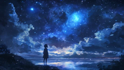 Silhouette child watching starry blue night sky over water.