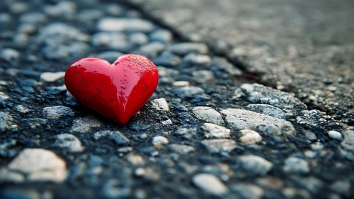 Red heart sculptural form positioned on granulated asphalt substrate.