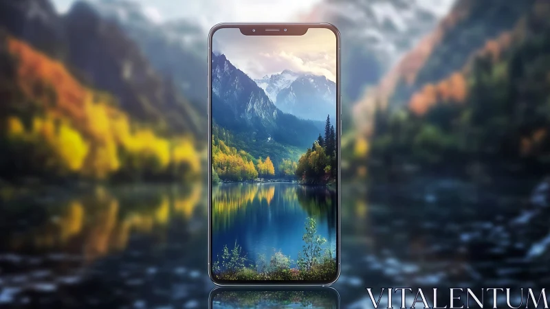 Smartphone framing calm mountain lake and autumn forest.