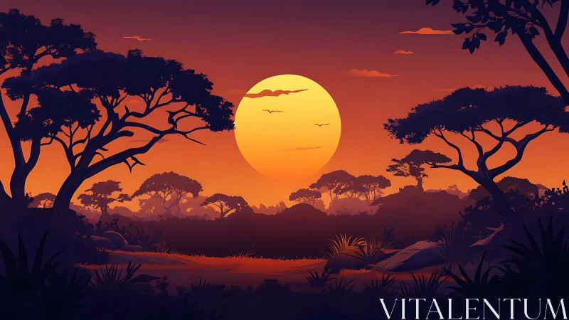 Layered savanna sunset with silhouetted acacia trees and large sun