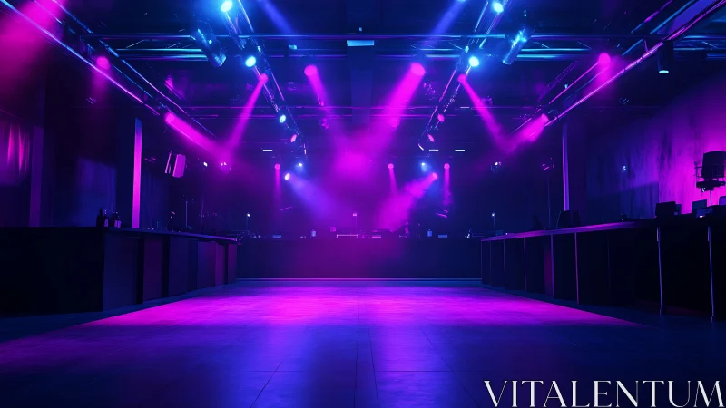 Empty nightclub interior with magenta and blue stage lighting.
