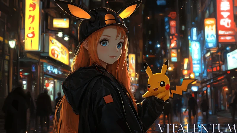Anime girl with Pikachu toy in neon city street at night.