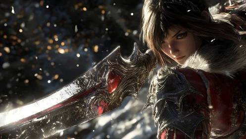 High-fidelity warrior render with ornate reflective blade focus.