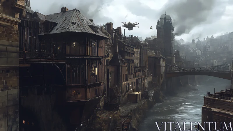 Steampunk riverfront metropolis with airship and iron skybridge
