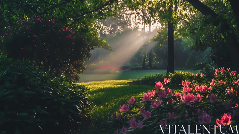 Early sunbeams cut through flowering garden under dense canopy