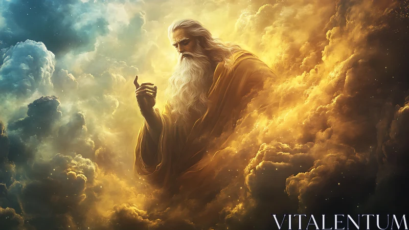 Storm-brewing elder sculpting light in golden heavens.