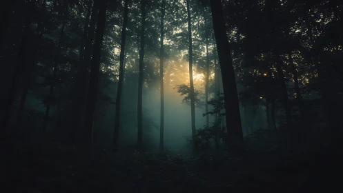 Misty Forest Corridor with Backlit Golden Hour Illumination Through Dense Canopy