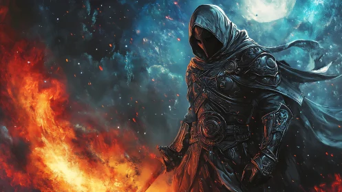 Hooded arcane warrior between inferno and frost cosmos.