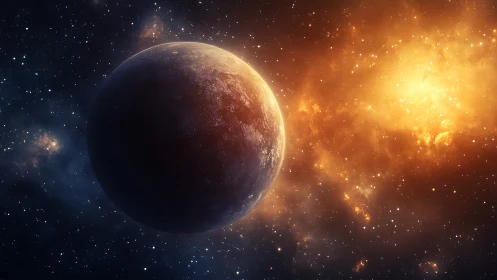 Distant shadowed planet beside blazing stellar nebula glow.