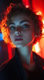 Neon-lit rebel gaze in electric blue and ember red glow.