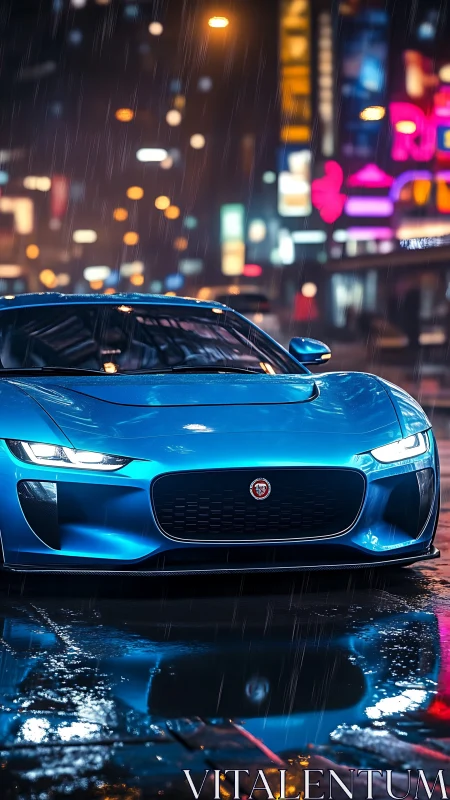 Electric blue predator stalks neon streets through silver rain