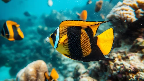 Colorful reef fish swims through coral-rich tropical water