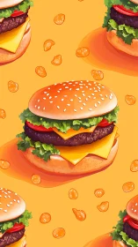 Cheeseburger pattern with bright orange pop background.